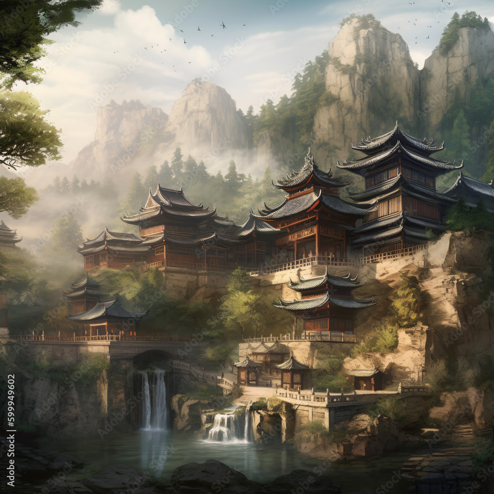 A Japanese temple in the mountains with a waterfall Generative Ai A Japanese temple in the mountains with a waterfall Generative Ai