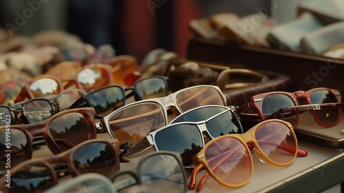 Vintage sunglasses on the counter of a flea market. Generative Ai