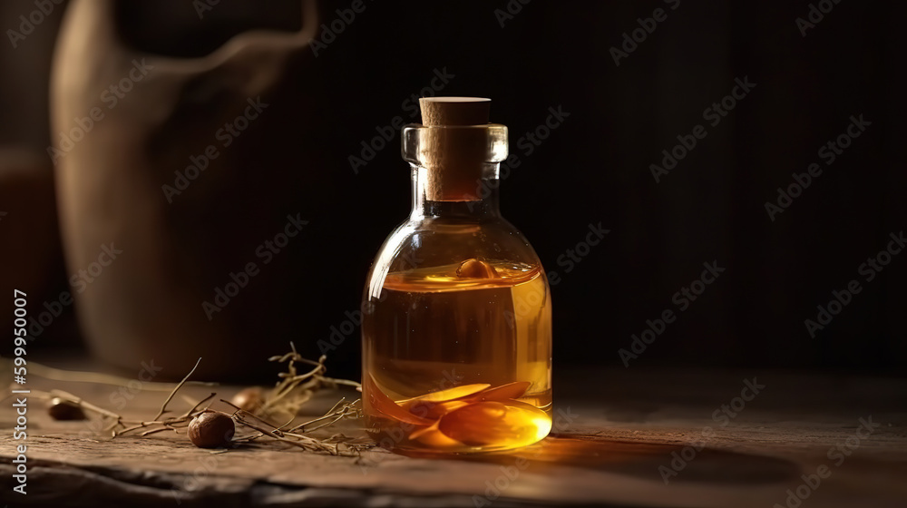 Oil with serum for skin and hair care a concept of essential oil moss. Generative Ai Oil with serum for skin and hair care a concept of essential oil moss. Generative Ai