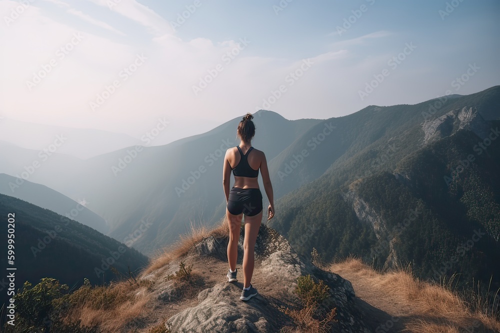 Fototapeta premium view from behind fitness girl standing on top of the mountain. woman in sportswear standing on the mountain. Generative Ai.