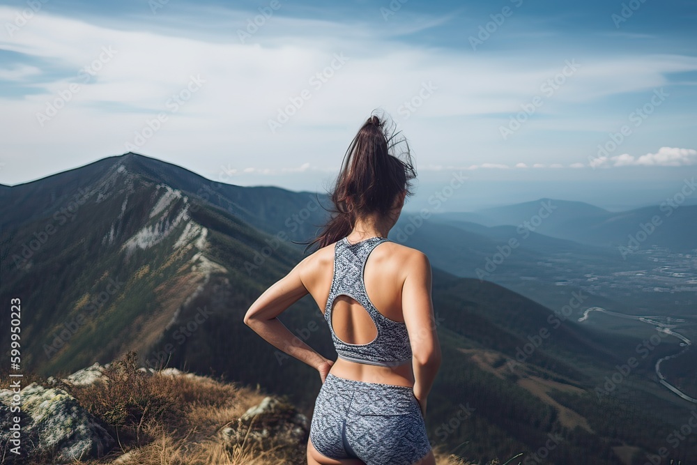 view from behind fitness girl standing on top of the mountain. woman in sportswear standing on the mountain. Generative Ai. view from behind fitness girl standing on top of the mountain. woman in sportswear standing on the mountain. Generative Ai.