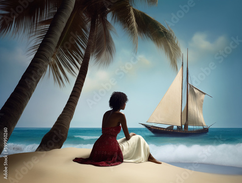 A girl from behind, sitting on a towel, under a palm tree, she is staring at the horizon where a boot is sailing - Generative AI