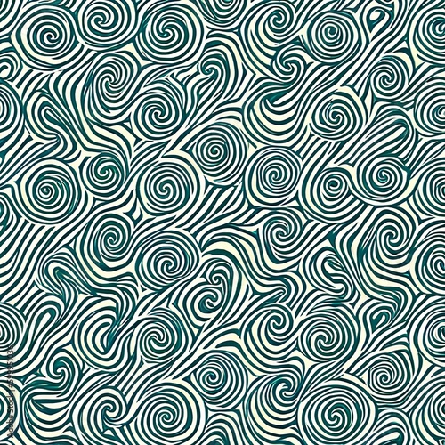 A repeating pattern of spirals in cool, muted colors like green and blue1, Generative AI