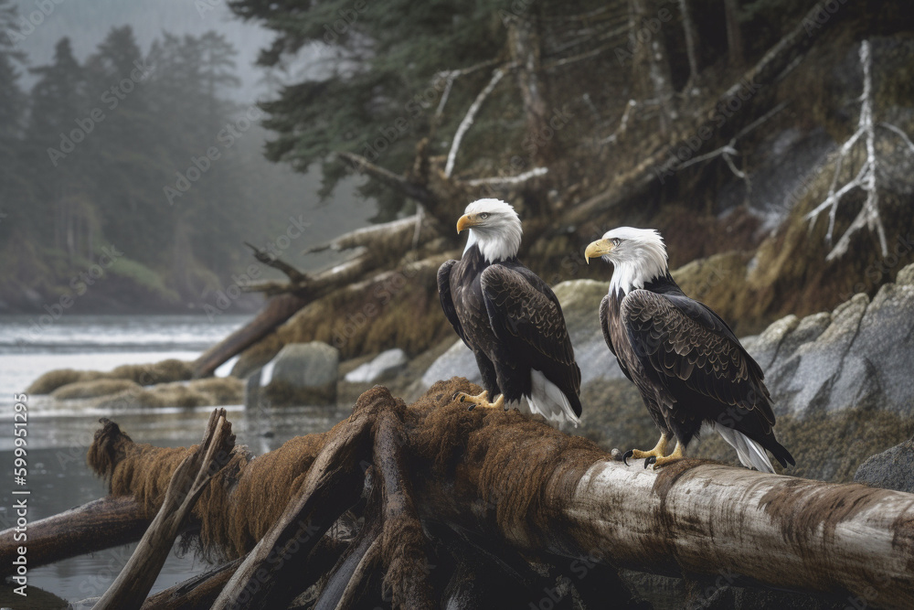 Fototapeta premium Illustration of Bald Eagles in the wild. Generative AI.