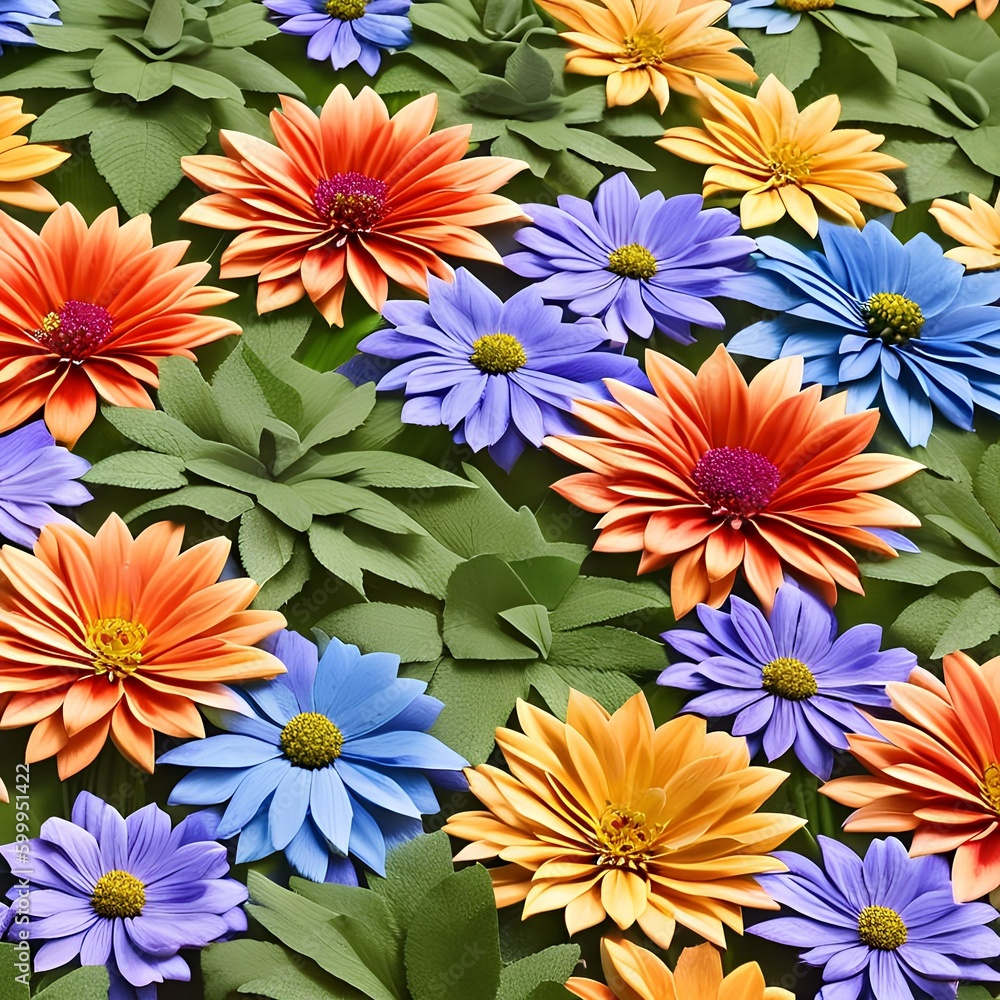 A tessellation of flowers in various sizes and colors, blooming in different directions2, Generative AI A tessellation of flowers in various sizes and colors, blooming in different directions2, Generative AI