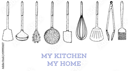 Kitchen, utensil, kitchenware sketch. Hand drawn sketches. Vector illustration. Spatula, ladle, tongs, whisk, slotted spoon, kitchen brush hand drawing illustration.