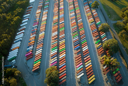 View from above of cargo container industrial yard with many shipment freight containers. Concept of international delivery of goods photo