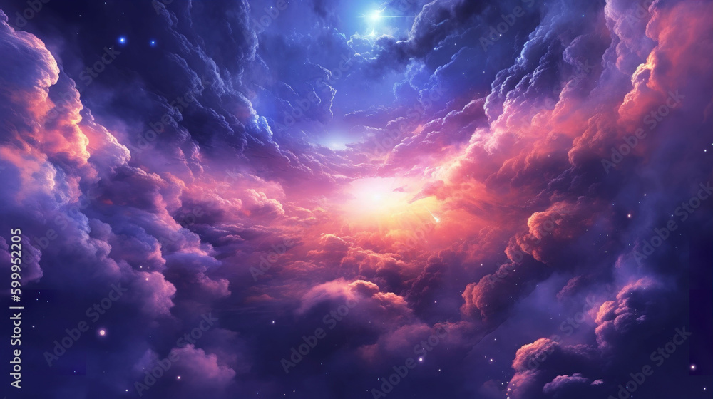 An colorful cloudy space galaxy sky background illustration. A.I. generated.