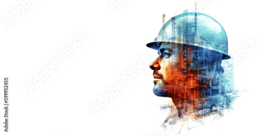  Building engineer, construction worker working with modern civil equipment technology.Future building construction engineering project devotion with double exposure 