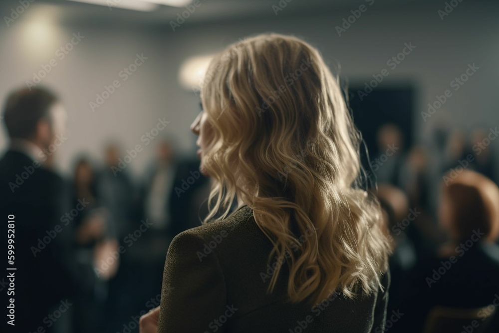 A woman from behind close up sharp standing in a conference room. AI generated