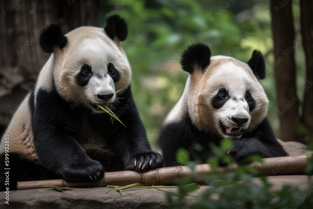 Fototapeta premium Illustration of two cute Panda Bears. Generative AI.