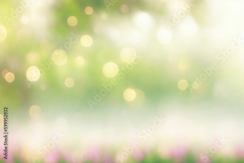 Background bokeh garden in green and yellow tones with sun rays and flower. Generative AI