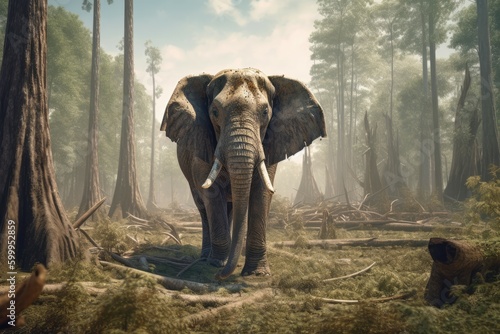 A gigantic elephant stands amongst the degraded forest floor. Generative AI