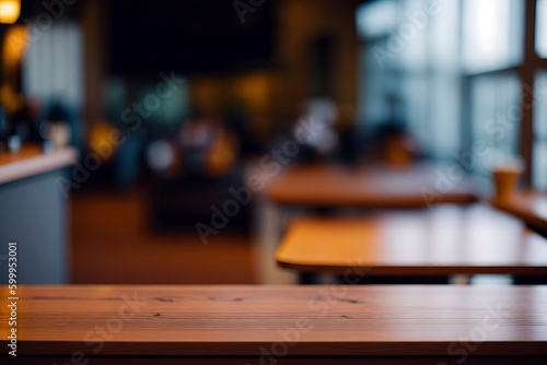 Empty top wooden table and blur with bokeh cafe background. For product display, Generative AI © oksa_studio