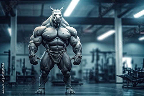 Bodybuilder rhino standing gracefully, blur gym background. Generative AI