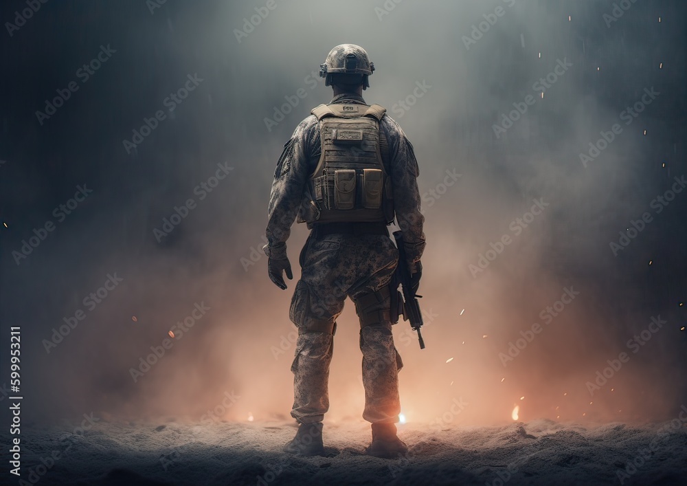 4th of July concep. portrait of A soldier in front of a flag of the USA. The soldier with the gun in front of a flag. portrait soldie standing in front of usa flag. Non-existent person. Generative Ai 4th of July concep. portrait of A soldier in front of a flag of the USA. The soldier with the gun in front of a flag. portrait soldie standing in front of usa flag. Non-existent person. Generative Ai