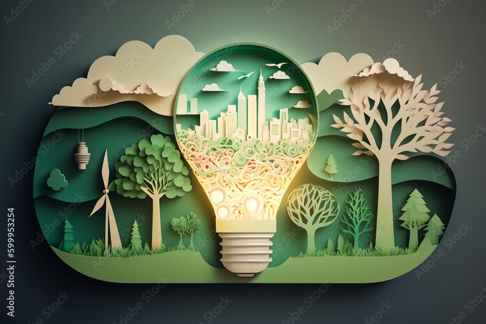 Prace z papieru żarówka z zielonym eko miastem, Energia odnawialna do 2050 r. Energia neutralna pod względem emisji dwutlenku węgla emisja gazów cieplarnianych CO2, Koncepcja kreatywnego pomysłu  - obrazy, fototapety, plakaty 