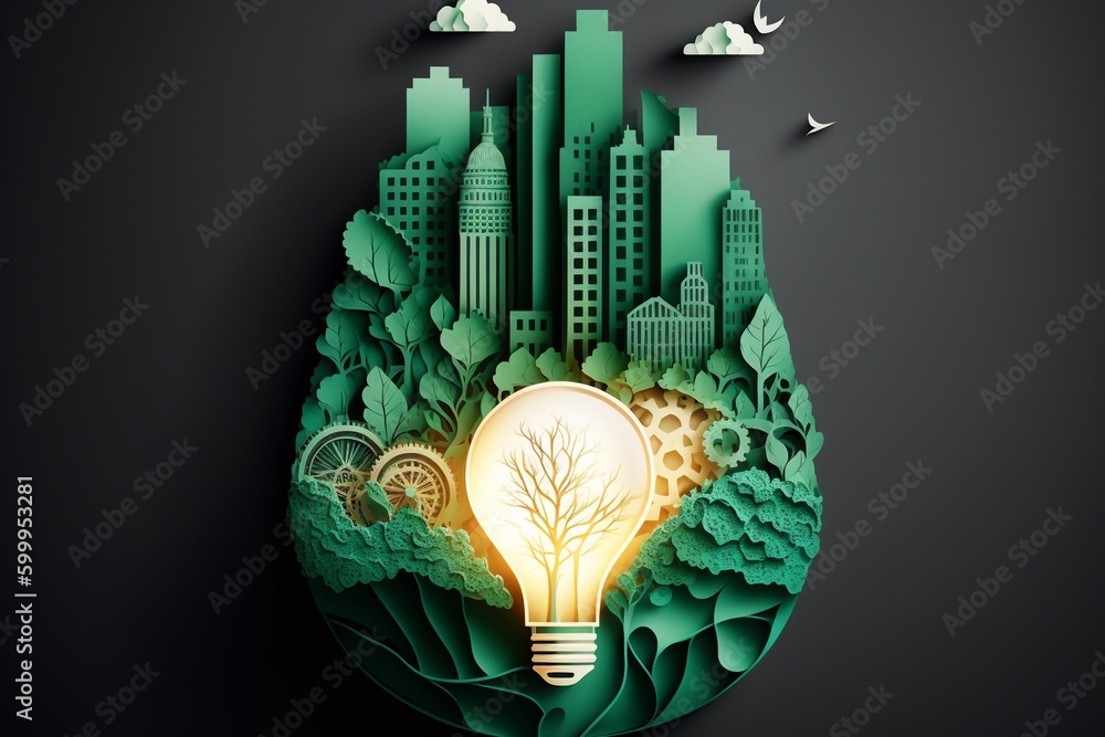 Prace z papieru żarówka z zielonym eko miastem, Energia odnawialna do 2050 r. Energia neutralna pod względem emisji dwutlenku węgla emisja gazów cieplarnianych CO2, Koncepcja kreatywnego pomysłu  - obrazy, fototapety, plakaty 