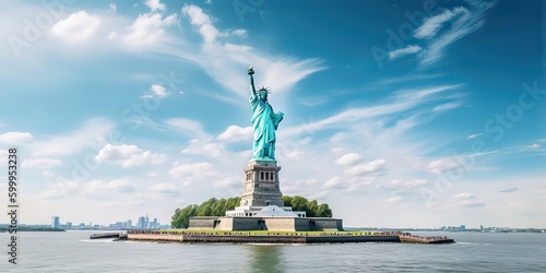 The Statue of Liberty free of tourists and New York City Downtown. Generative Ai.