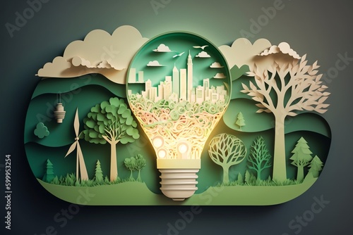 Prace z papieru żarówka z zielonym eko miastem, Energia odnawialna do 2050 r. Energia neutralna pod względem emisji dwutlenku węgla emisja gazów cieplarnianych CO2, Koncepcja kreatywnego pomysłu  photo