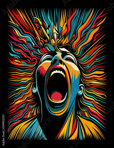 Scream. Colorful graphic vector illustration on black background for t-shirt design, hoodies, posters, etc