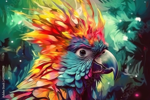 Close-up portrait of a colorful parrot. Generative AI © ЮРИЙ ПОЗДНИКОВ