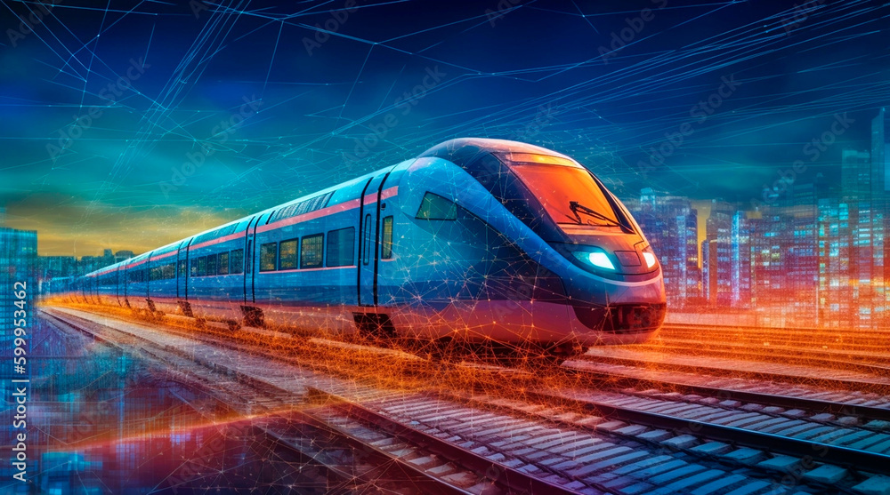 Fototapeta premium The picture of a train on a background of analytics data represents the transportation and logistics industries, highlighting the role of railway transportation in these fields. 