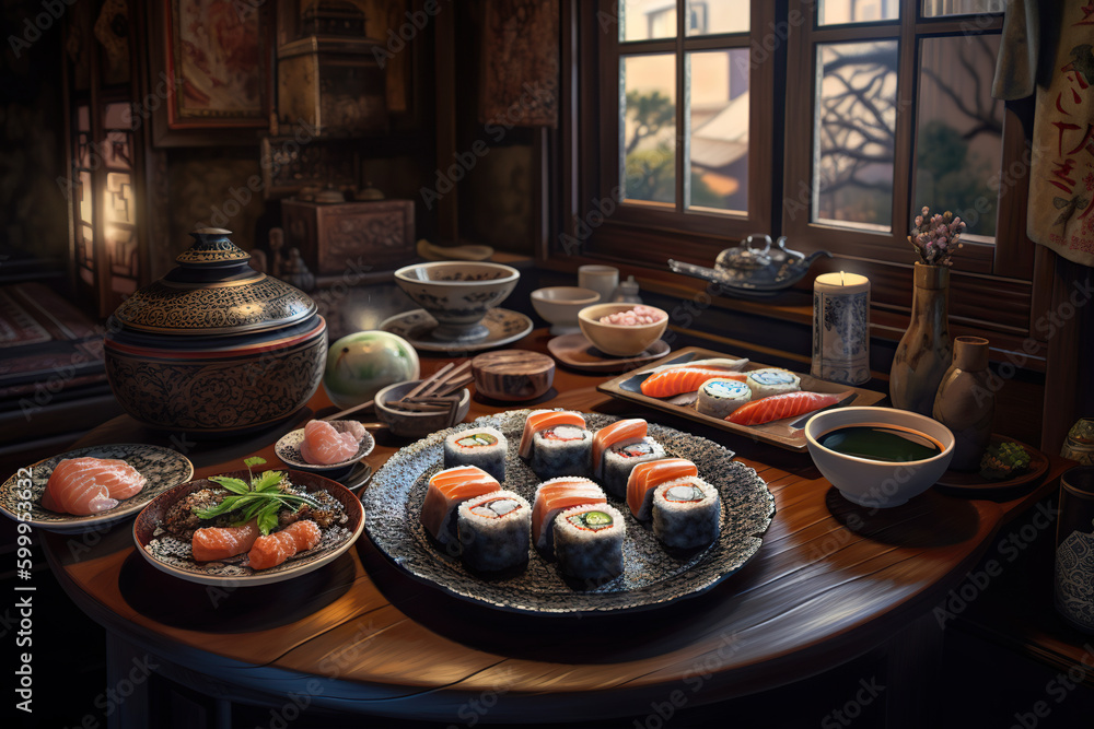 Sushi set on wooden table in Japanese restaurant. Sushi menu. Generative AI Sushi set on wooden table in Japanese restaurant. Sushi menu. Generative AI