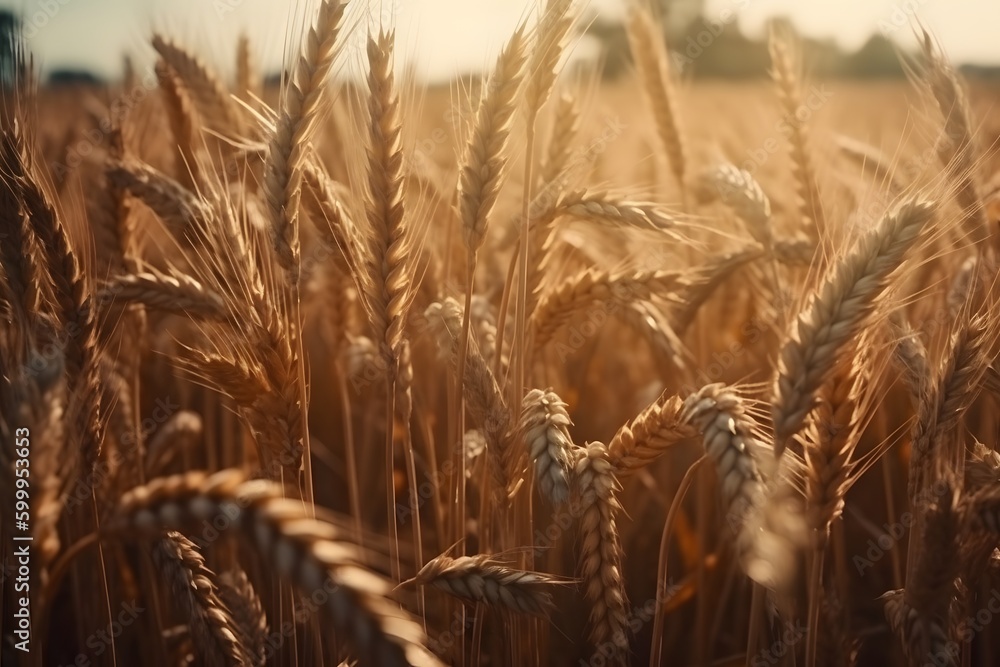 Fototapeta premium Beautiful close up of wheat ears at sunset. Field of wheat agriculture in summer. Generative Ai.
