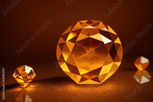 Closeup of amber color diamond or glass stine on warm-colored background, generative ai image
