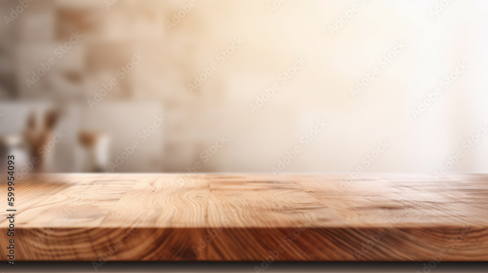 Empty wood table top on sunlight blur kitchen background. Generative AI
