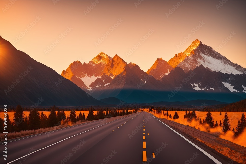 A long straight road leading towards a snow capped mountain, generative ai image