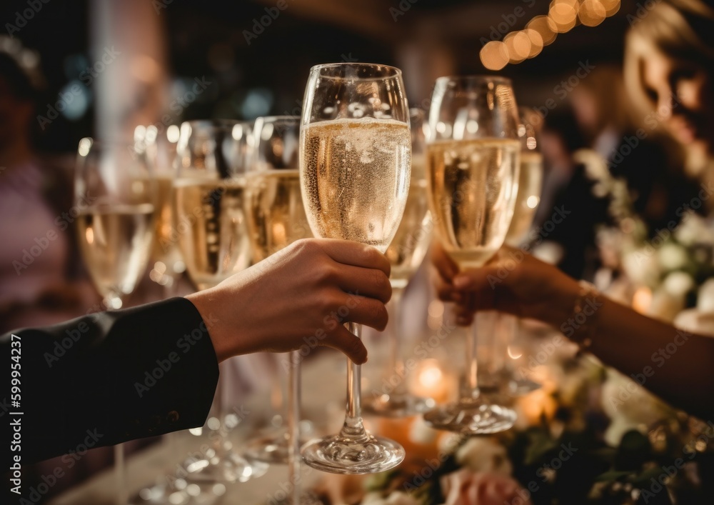 Hands holding glasses of champagne at fine dining restaurant for a celebration. Generative AI.