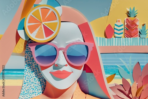 A paper collage with cartoon woman on beach, with sunglasses and fruits, generative ai image