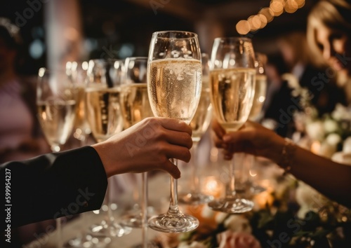 Hands holding glasses of champagne at fine dining restaurant for a celebration. Generative AI.