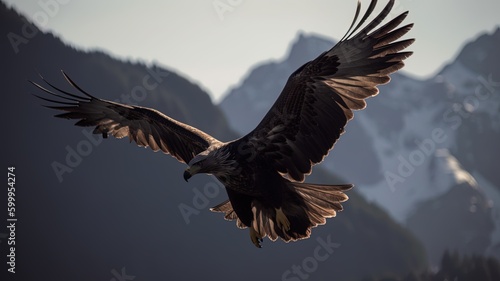 Eagle flying over mountains, huge wingspan. Generative AI