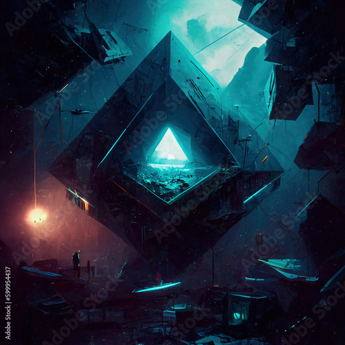 cyberpunk triangular shaped spaceship. futuristic fantasy cityscape. ai generated