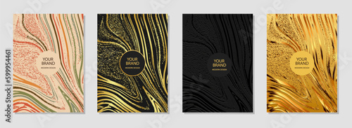 Trendy cover design set. Relief 3D backgrounds, golden texture. Geometric avant-garde marble pattern.Luxury grunge collection. Vertical vector templates.
