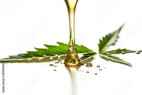Cannabis extract oil drop and hemp leaf on white background. Generative AI illustration