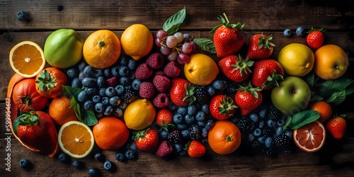 Colorful flat lay of fresh fruits and vegetables on a wooden background. Oranges, strawberries, kiwi, blueberries, and cherry tomatoes. Generative ai.