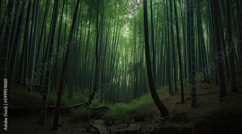 Path through dense bamboo forest  leading to famous Waimoku Falls. Generative Ai.