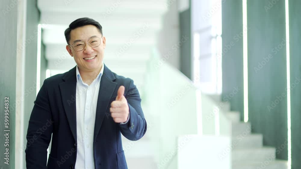 Smiling asian businessman showing thumb up, like gesture, standing in modern office building. Man in a formal suit is looking at the camera. Template for advertising. Copy space for product promotion Smiling asian businessman showing thumb up, like gesture, standing in modern office building. Man in a formal suit is looking at the camera. Template for advertising. Copy space for product promotion