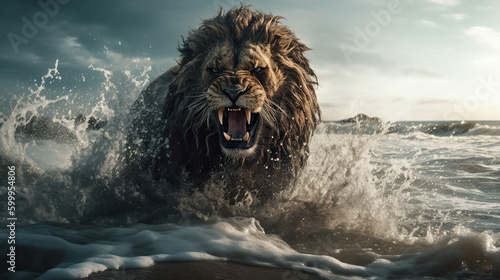 Majestic Lion's Powerful Expression Amidst Splashing Waves - Generative ai