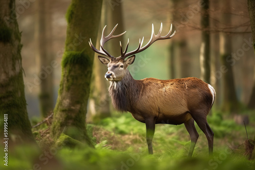 Red Deer Stag in Lush Spring Forest - Generative ai