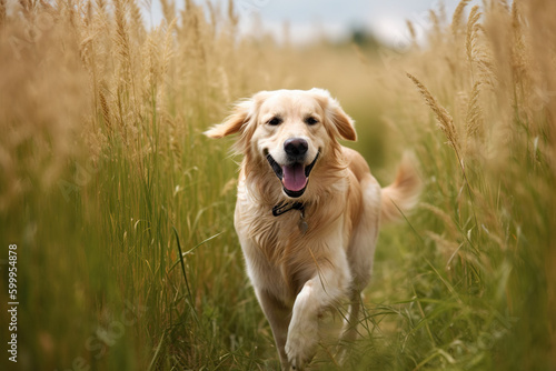 Playful Dog Enjoying a Sunny Stroll in Tall Grass - Generative ai