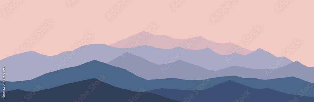 Abstract mountain landscape. Nature panorama background, pink blue sunrise scenery horizon wallpaper. Vector illustration