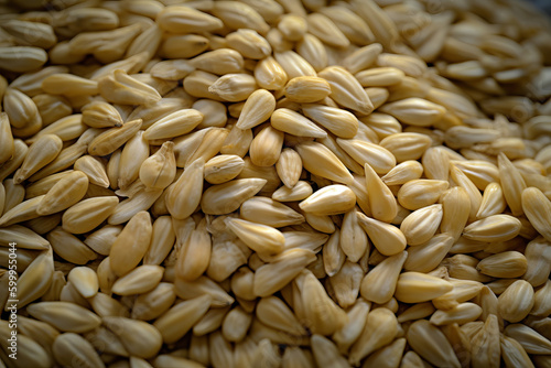 A close up of wheat grain background filling the frame, Generative AI © oksa_studio