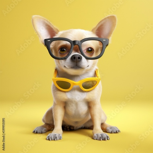 dog chihuahua portrait pet cute cool glasses puppy yellow animal background. Generative AI. © SHOTPRIME STUDIO