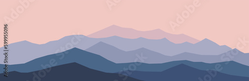 Abstract mountain landscape. Nature panorama background, pink blue sunrise scenery horizon wallpaper. Vector illustration