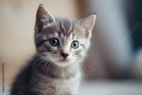 A cute little gray kitten with big eyes and an attentive gaze on a blurry background. AI generation